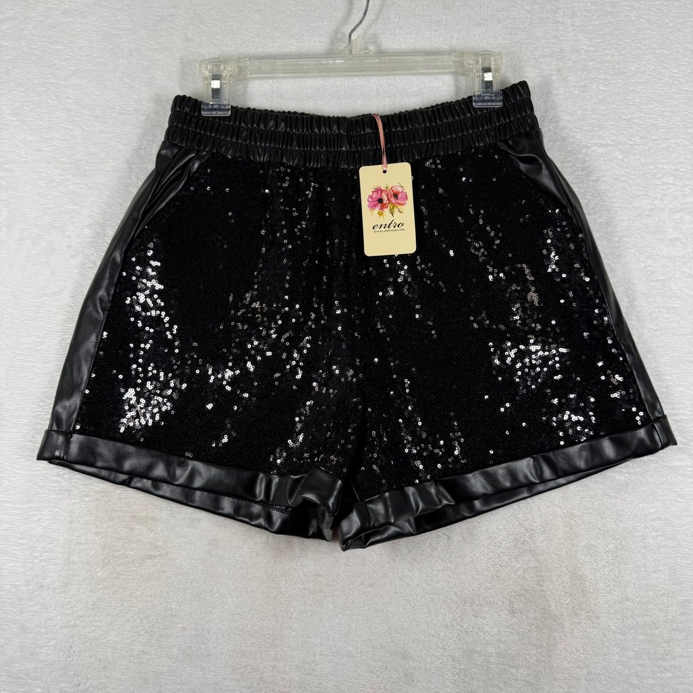 Entro Black Sequin Faux Leather Shorts High Waist Party Night Out P2001 Large